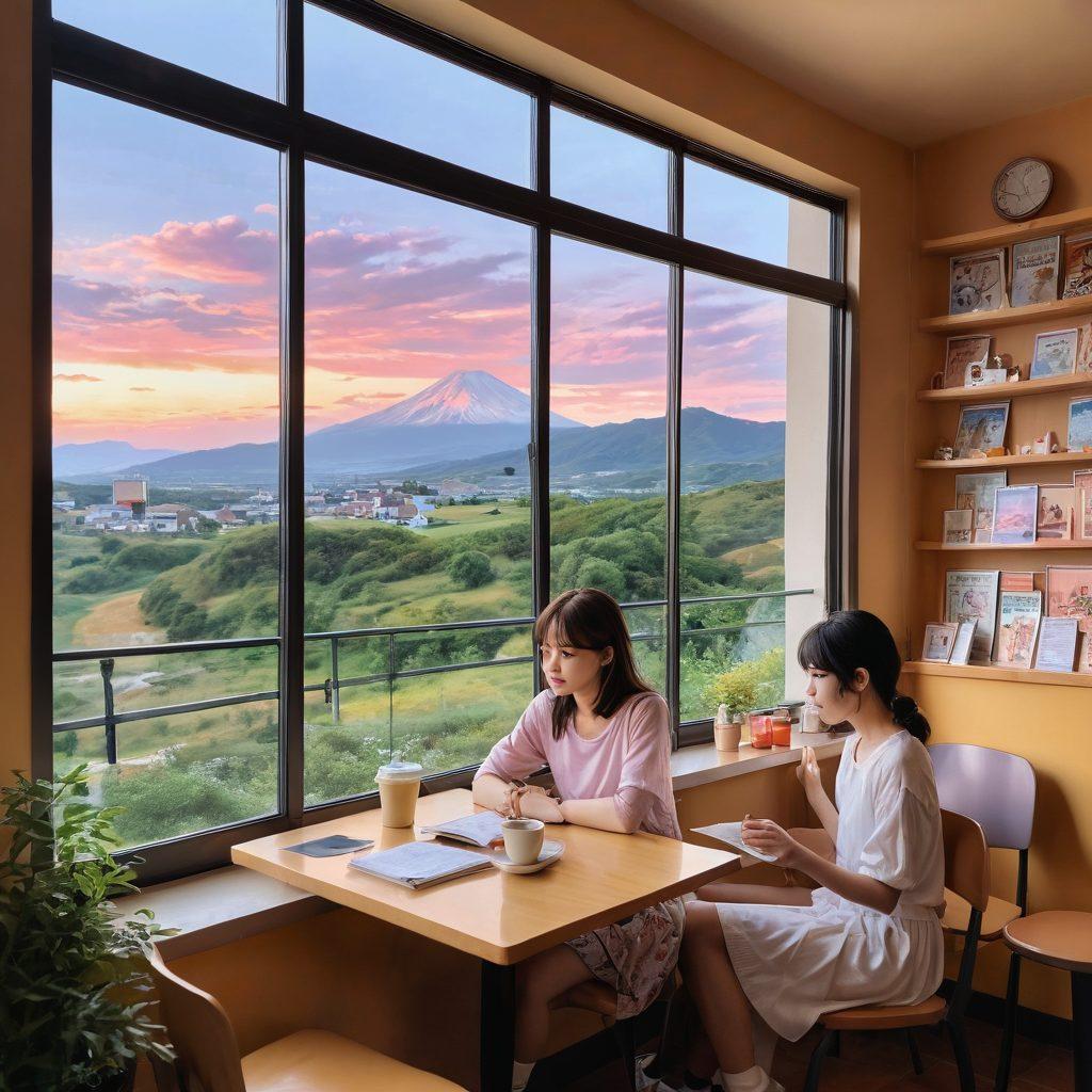A vibrant manga scene featuring diverse characters enjoying their favorite manga at a cozy café, surrounded by colorful manga art plastered on the walls, and a dreamy landscape view from the window. One character blissfully reads a manga, while another playfully teases, blending joy and sensuality in the atmosphere. Soft pastel colors enhance the whimsical feel of the scene. vibrant colors. super-realistic. cozy ambiance.
