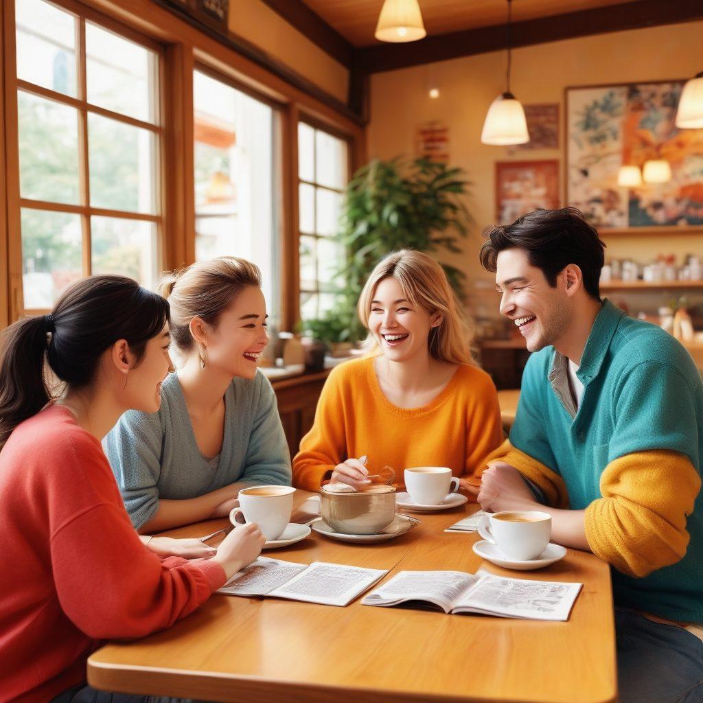 A whimsical scene featuring a diverse group of adult manga characters sharing hearty laughter in a cozy café, with various comic panels floating around them showcasing romantic moments and humorous anecdotes. Bright colors radiate joy, while the warm ambiance invites an intimate and playful atmosphere. Include elements like mugs of steaming coffee and artistic sketches scattered on the table to enhance the narrative feel. digital art. vibrant colors. cozy setting.