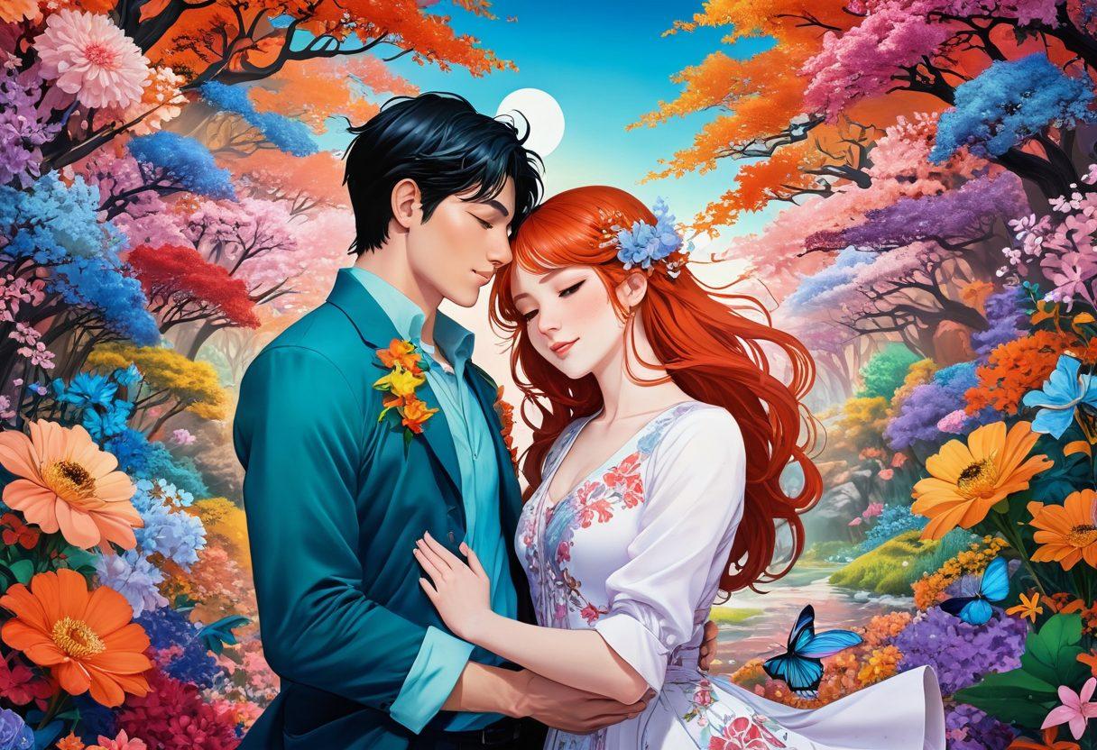 A vibrant, whimsical scene capturing a couple joyfully immersed in a colorful manga world, surrounded by sensual art that celebrates body positivity and romance. The background features intricate graphic novel panels blending together, with playful tones and soft lighting highlighting their expressions of joy. Incorporate elements of fantasy such as blooming flowers and ethereal creatures to enhance the allure of the journey. super-realistic. vibrant colors. dynamic composition.